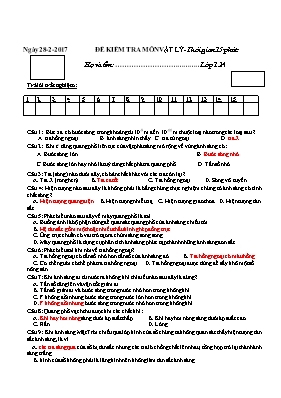 Đề kiểm tra 15p Vật lí lớp 12 (Kèm đáp án) - Năm học 2016-2017